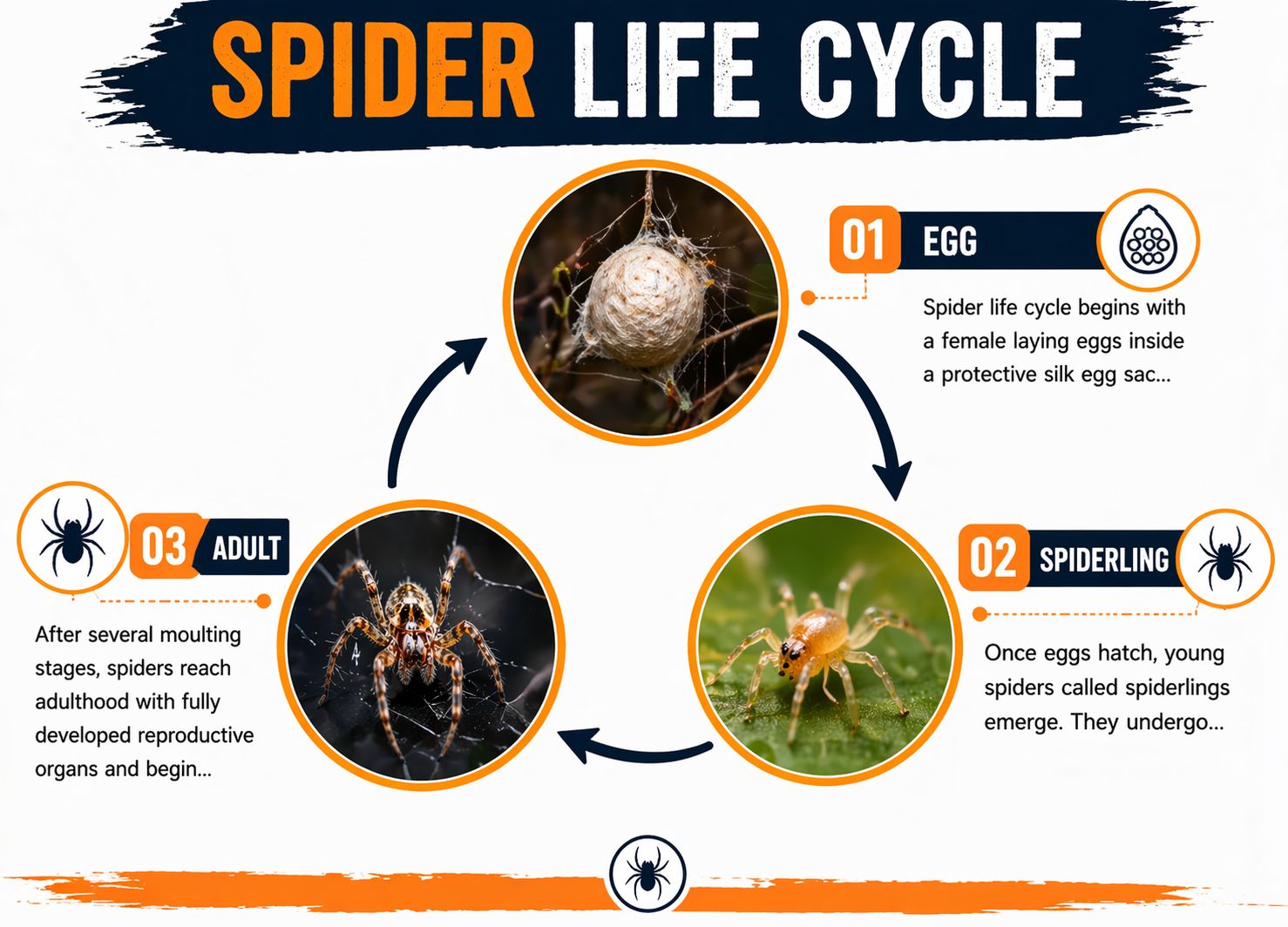 Stages of spider life cycle including egg spiderling and adult